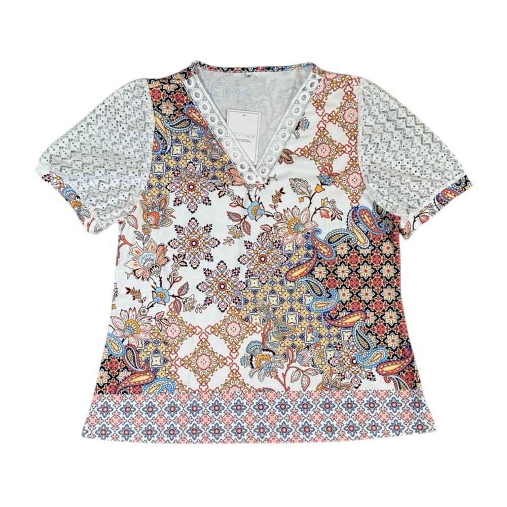 NWT ETCYY Womens XL Paisley Floral Patchwork V-Neck Top Lace Short Sleeve White